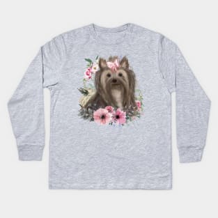 Yorkshire Terrier, Cute Yorkie Flower Design Yorkie Kids Long Sleeve T-Shirt